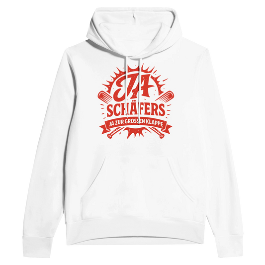 Weißer Unisex-Hoodie mit großem roten JA-SCHAEFERS.DE-Logo – rebellischer Streetwear-Look für Männer & Frauen.