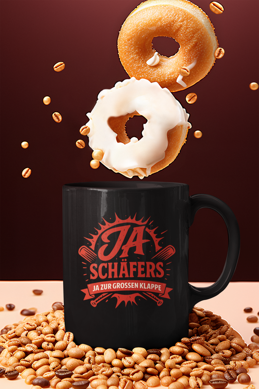 Schwarze Glanztasse mit rotem JA-SCHAEFERS.DE Logo und Schriftzug „JA zur großen Klappe“ – rebellisches Design für Kaffeeliebhaber.