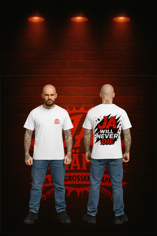 Zwei tätowierte Männer tragen das Oversized T-Shirt „ONE LIFE ONE JA“ von JA-SCHAEFERS.DE – rebellischer Streetwear-Look mit rotem Hintergrund.