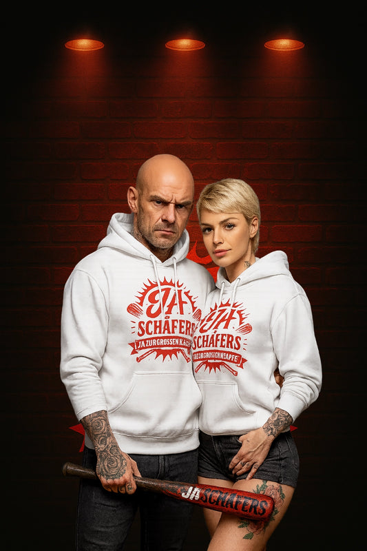 Weißer Unisex-Hoodie mit großem roten JA-SCHAEFERS.DE-Logo – rebellischer Streetwear-Look für Männer & Frauen.