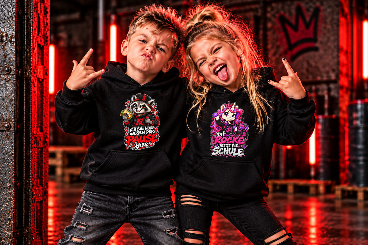 Zwei freche Kinder in JA-Hoodies „Pausen-Waschbär“ und „Schulstart Einhorn“